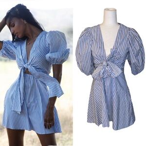 Choosy Poolside Blue & White Striped Puff Sleeve Tie Front Cutout Mini Dress - M